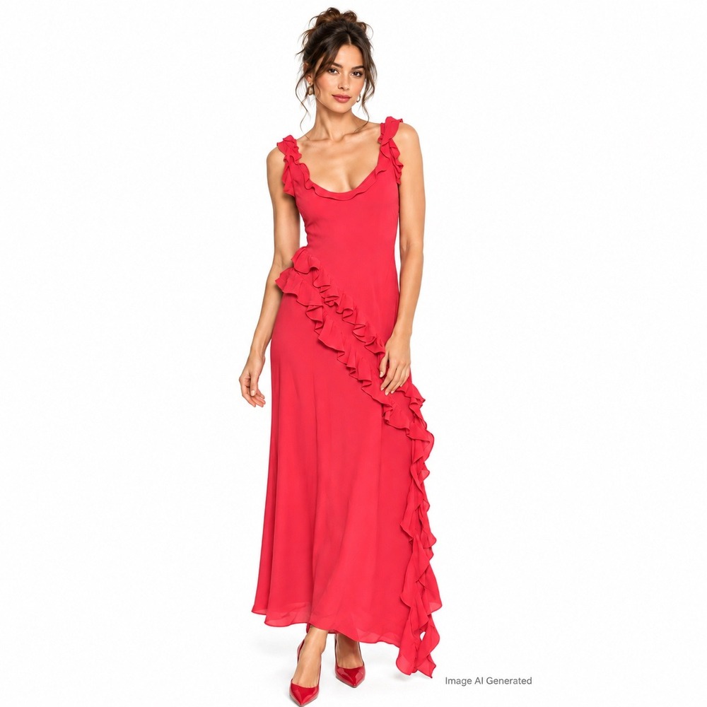 House of CB London Ruffle Maxi Dress M Red Open Back Romantic